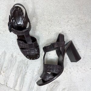 Bottega Veneta Intrecciato heels brown woven leather T Strap open toe pumps 7.5